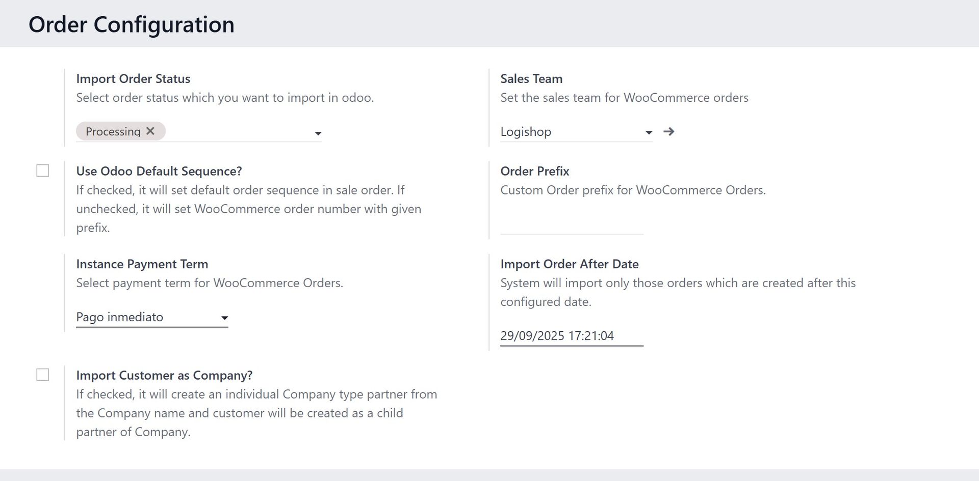 configuración de pedidos woocommerce odoo
